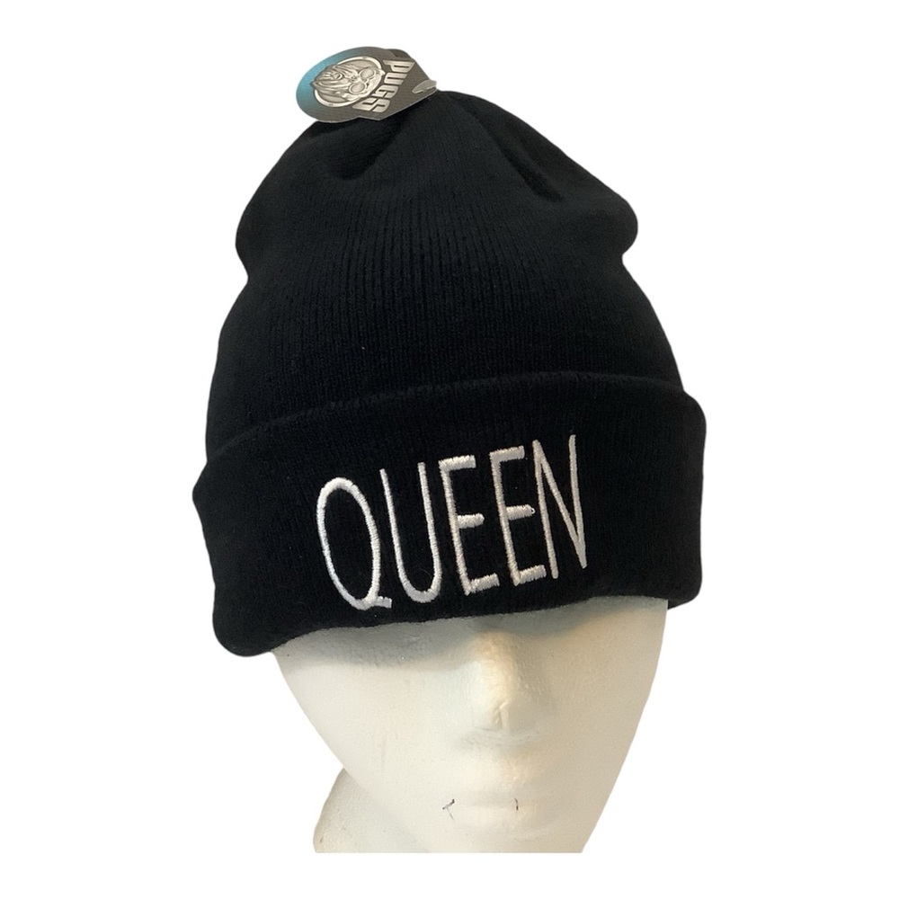 Pugs QUEEN Beanie Hat Black With White Embroidered Lettering.